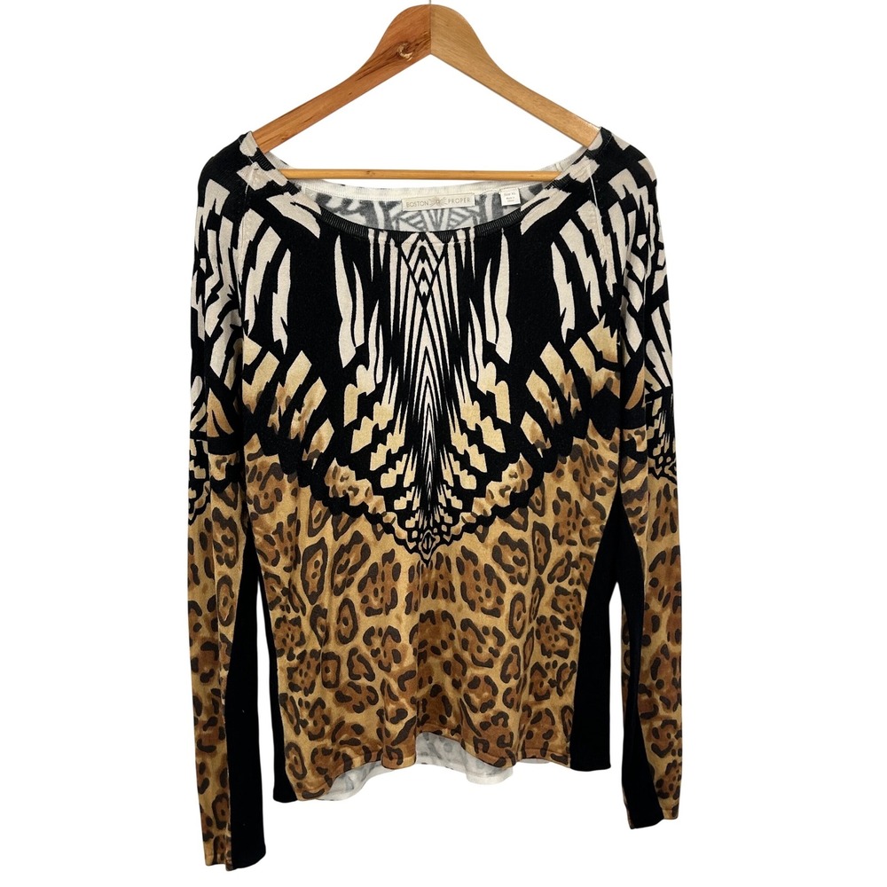 Boston Proper Animal Print Mixed Media Knit Top Sweater XL Brown Black White